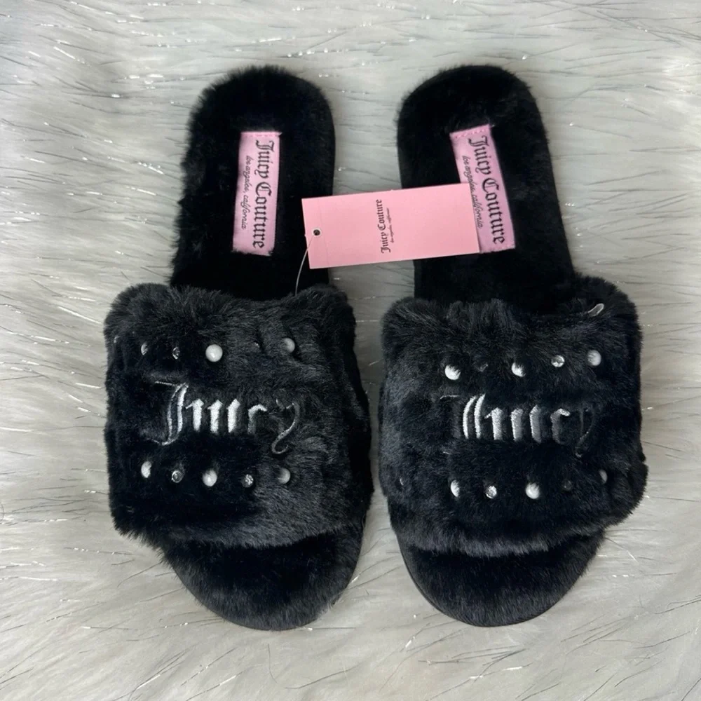 JUICY COUTURE black rhinestone pearl slippers - Picture 3 of 6